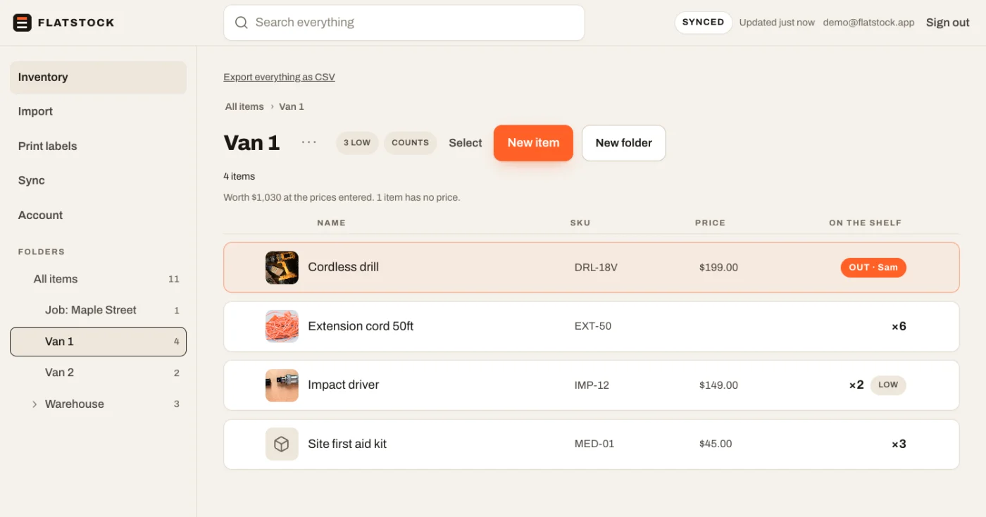 The inventory open in a browser: a van folder with three items, one checked out to Sam, one running low, one with a photo.