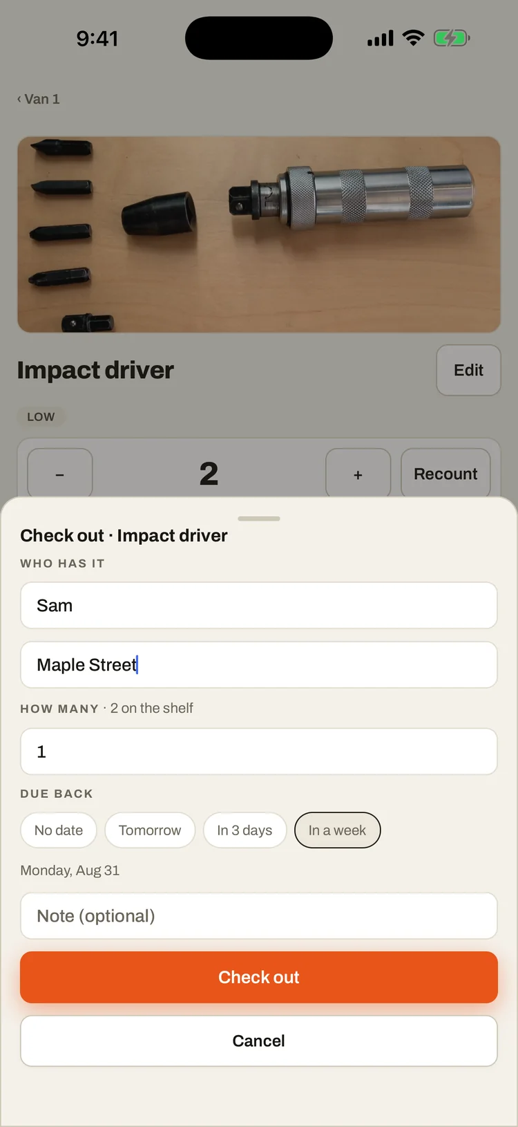 The check-out sheet, asking who has it, how many, and when it is due back.